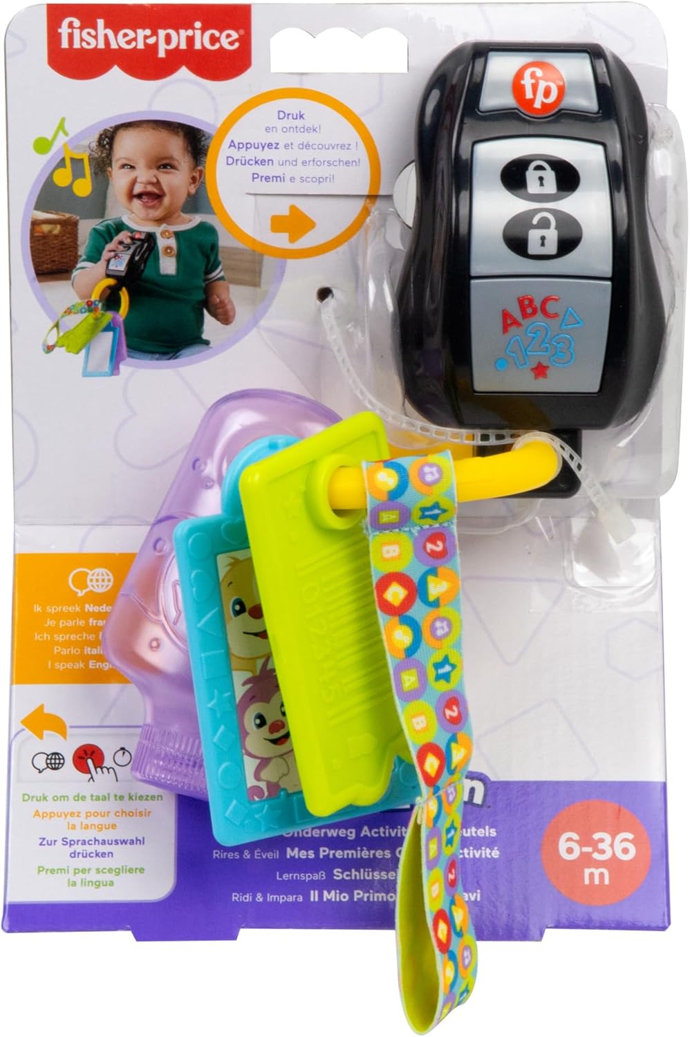 Fisher-Price Lern- und Spielspaß Baby Musikspielzeug Lernspaß Schlüsselbund mit Beißring und Spiegel für Kinder ab 6 Monaten, mehrsprachige Version, HWY37