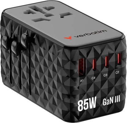 Verbatim GaN - Adattatore universale da viaggio con cavo USB C integrato, 85 W, con 1 porta USB‑A e 3 porte USB-C, caricatore rapido per laptop, cellulare, fotocamera, utilizzabile in tutto il mondo