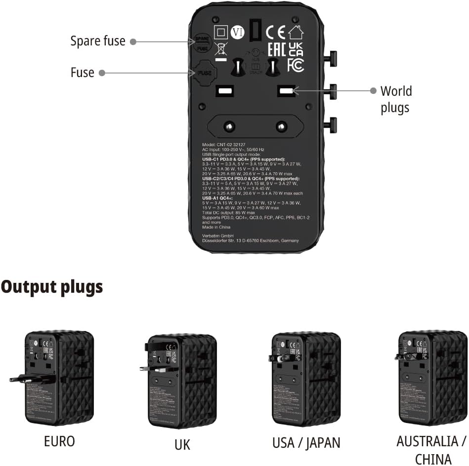 Verbatim GaN - Adattatore universale da viaggio con cavo USB C integrato, 85 W, con 1 porta USB‑A e 3 porte USB-C, caricatore rapido per laptop, cellulare, fotocamera, utilizzabile in tutto il mondo
