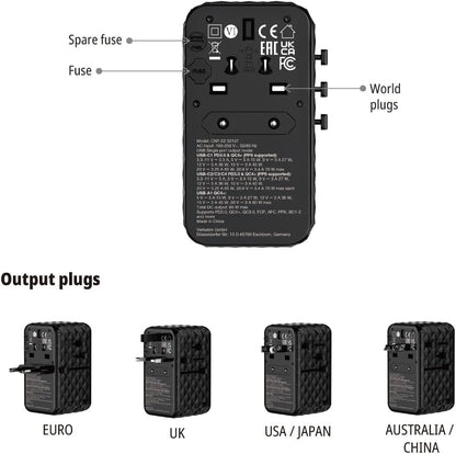 Verbatim GaN - Adattatore universale da viaggio con cavo USB C integrato, 85 W, con 1 porta USB‑A e 3 porte USB-C, caricatore rapido per laptop, cellulare, fotocamera, utilizzabile in tutto il mondo