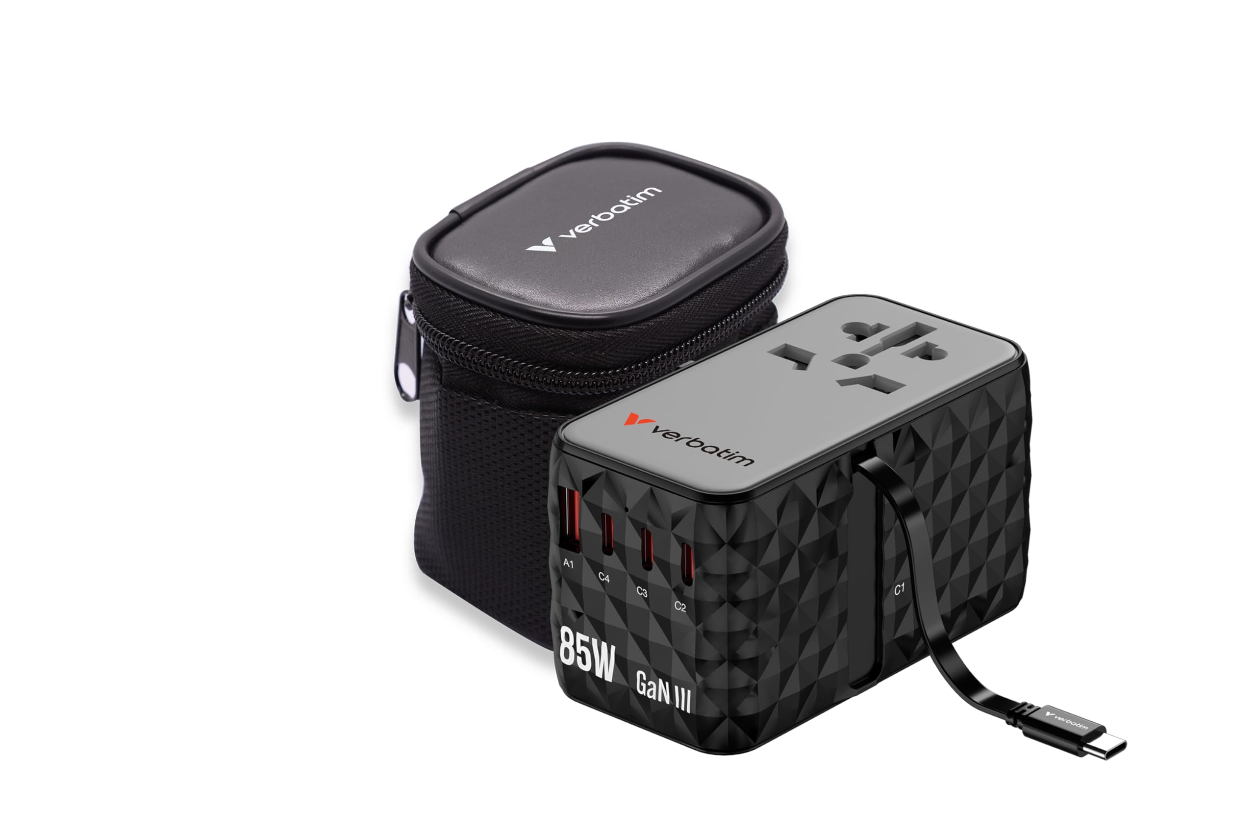 Verbatim GaN - Adattatore universale da viaggio con cavo USB C integrato, 85 W, con 1 porta USB‑A e 3 porte USB-C, caricatore rapido per laptop, cellulare, fotocamera, utilizzabile in tutto il mondo