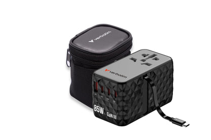 Verbatim GaN - Adattatore universale da viaggio con cavo USB C integrato, 85 W, con 1 porta USB‑A e 3 porte USB-C, caricatore rapido per laptop, cellulare, fotocamera, utilizzabile in tutto il mondo