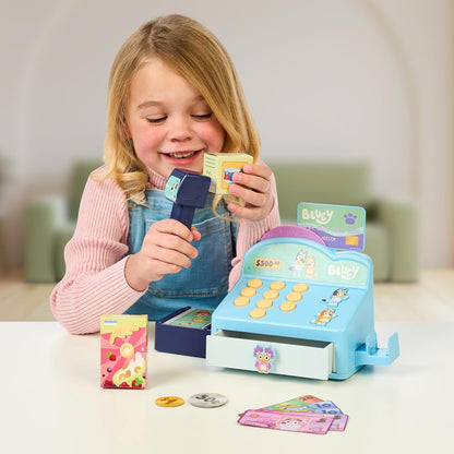 Bluey Cash Register. Press The Buttons to Hear Beeps, Sounds and Phrases From and Bingo, Use the Scanner to Scan Packages and Pretend to Run a Shop, Includes Toy Credit Card and Dollar Bucks!