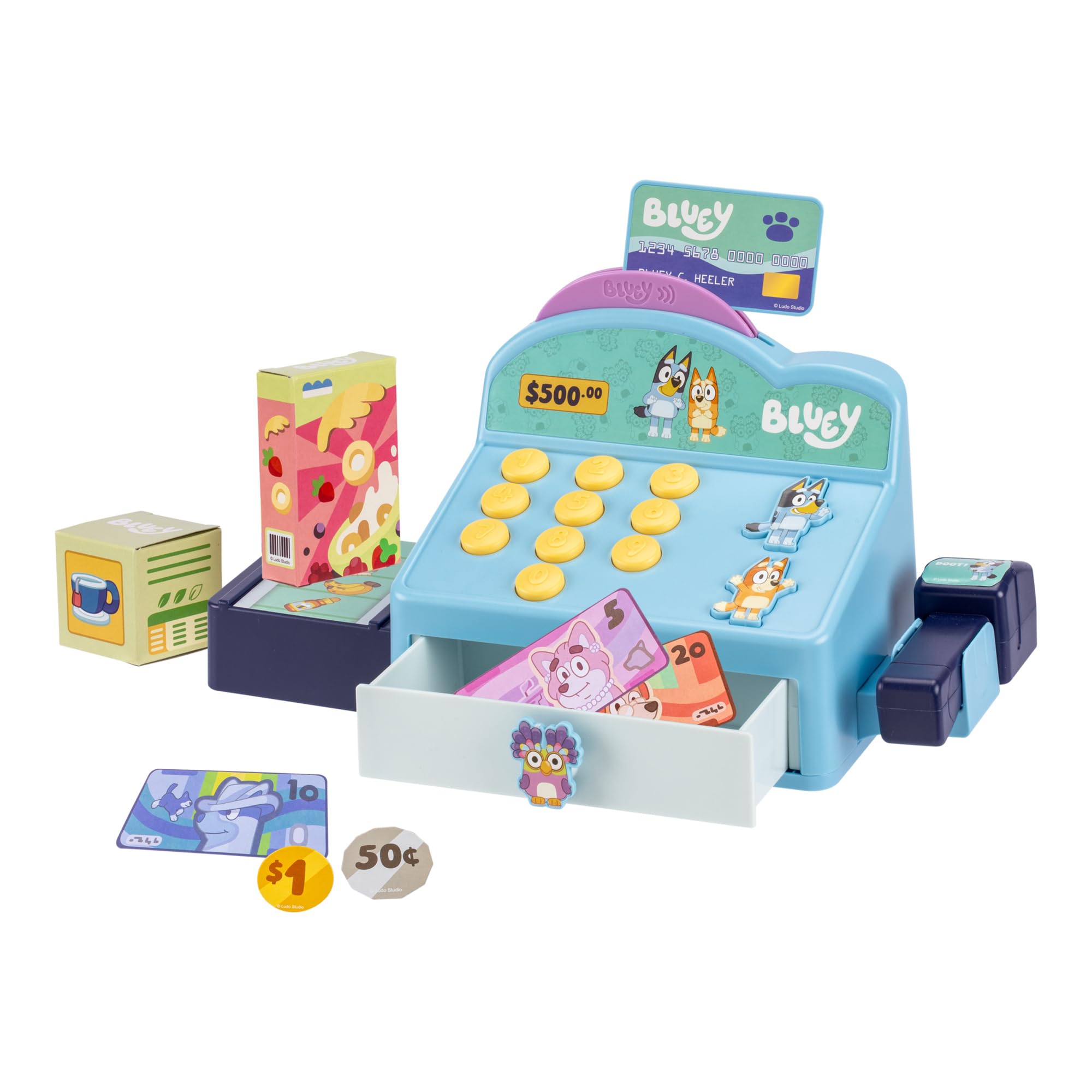 Bluey Cash Register. Press The Buttons to Hear Beeps, Sounds and Phrases From and Bingo, Use the Scanner to Scan Packages and Pretend to Run a Shop, Includes Toy Credit Card and Dollar Bucks!