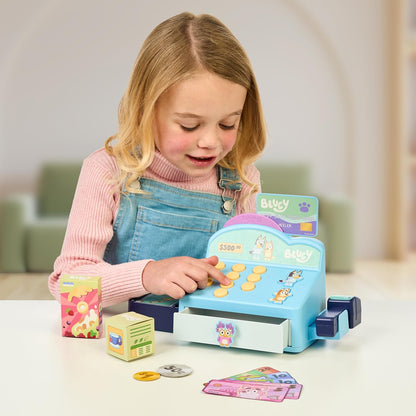 Bluey Cash Register. Press The Buttons to Hear Beeps, Sounds and Phrases From and Bingo, Use the Scanner to Scan Packages and Pretend to Run a Shop, Includes Toy Credit Card and Dollar Bucks!