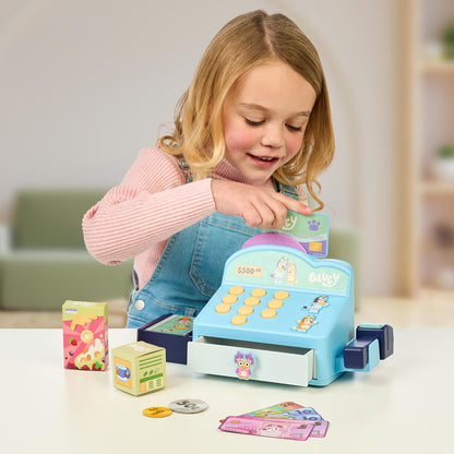 Bluey Cash Register. Press The Buttons to Hear Beeps, Sounds and Phrases From and Bingo, Use the Scanner to Scan Packages and Pretend to Run a Shop, Includes Toy Credit Card and Dollar Bucks!