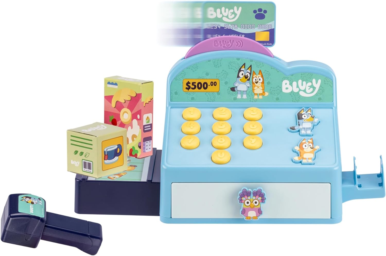 Bluey Cash Register. Press The Buttons to Hear Beeps, Sounds and Phrases From and Bingo, Use the Scanner to Scan Packages and Pretend to Run a Shop, Includes Toy Credit Card and Dollar Bucks!
