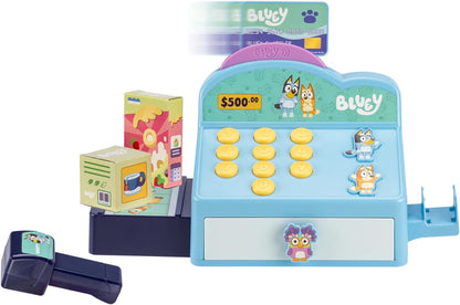 Bluey Cash Register. Press The Buttons to Hear Beeps, Sounds and Phrases From and Bingo, Use the Scanner to Scan Packages and Pretend to Run a Shop, Includes Toy Credit Card and Dollar Bucks!