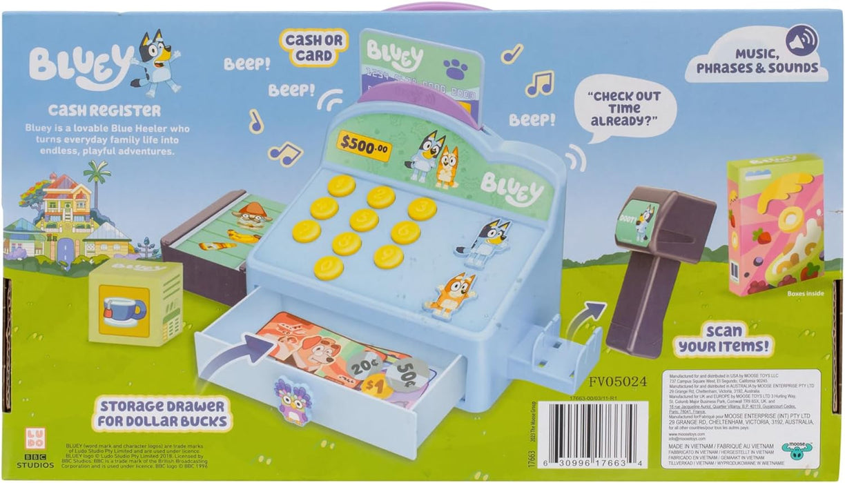 Bluey Cash Register. Press The Buttons to Hear Beeps, Sounds and Phrases From and Bingo, Use the Scanner to Scan Packages and Pretend to Run a Shop, Includes Toy Credit Card and Dollar Bucks!