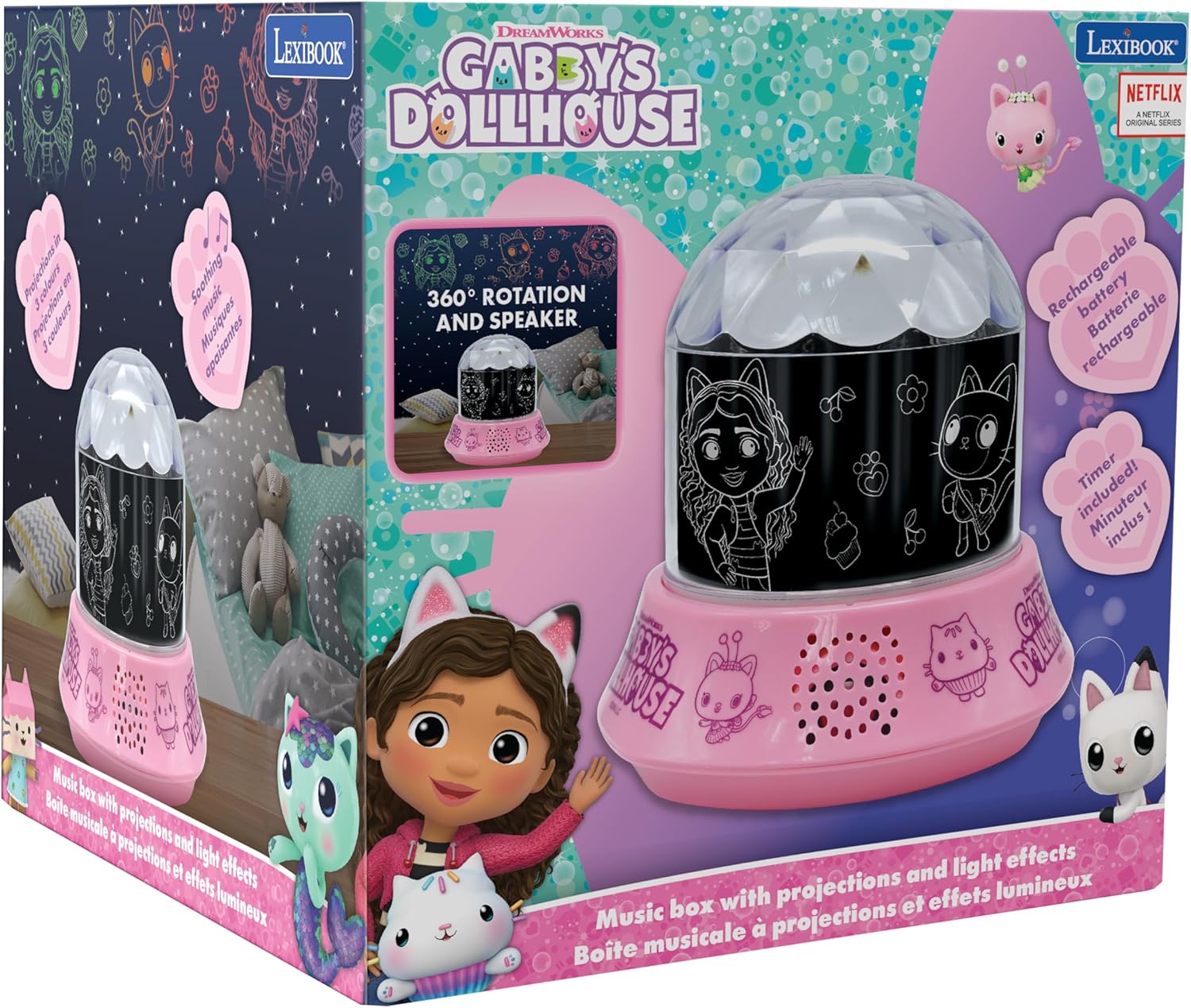 Lexibook, Gabby's Dollhouse, Nightlight with Speaker, Projections of The Gabby's Dollhouse TV Series, Kaleidoscopic Lights on The Ceiling, Speaker with Auxiliary Plug, Rechargeable, NLJ035GDH