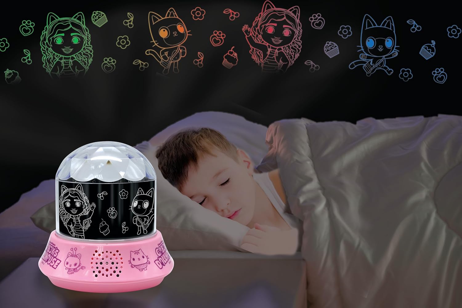 Lexibook, Gabby's Dollhouse, Nightlight with Speaker, Projections of The Gabby's Dollhouse TV Series, Kaleidoscopic Lights on The Ceiling, Speaker with Auxiliary Plug, Rechargeable, NLJ035GDH