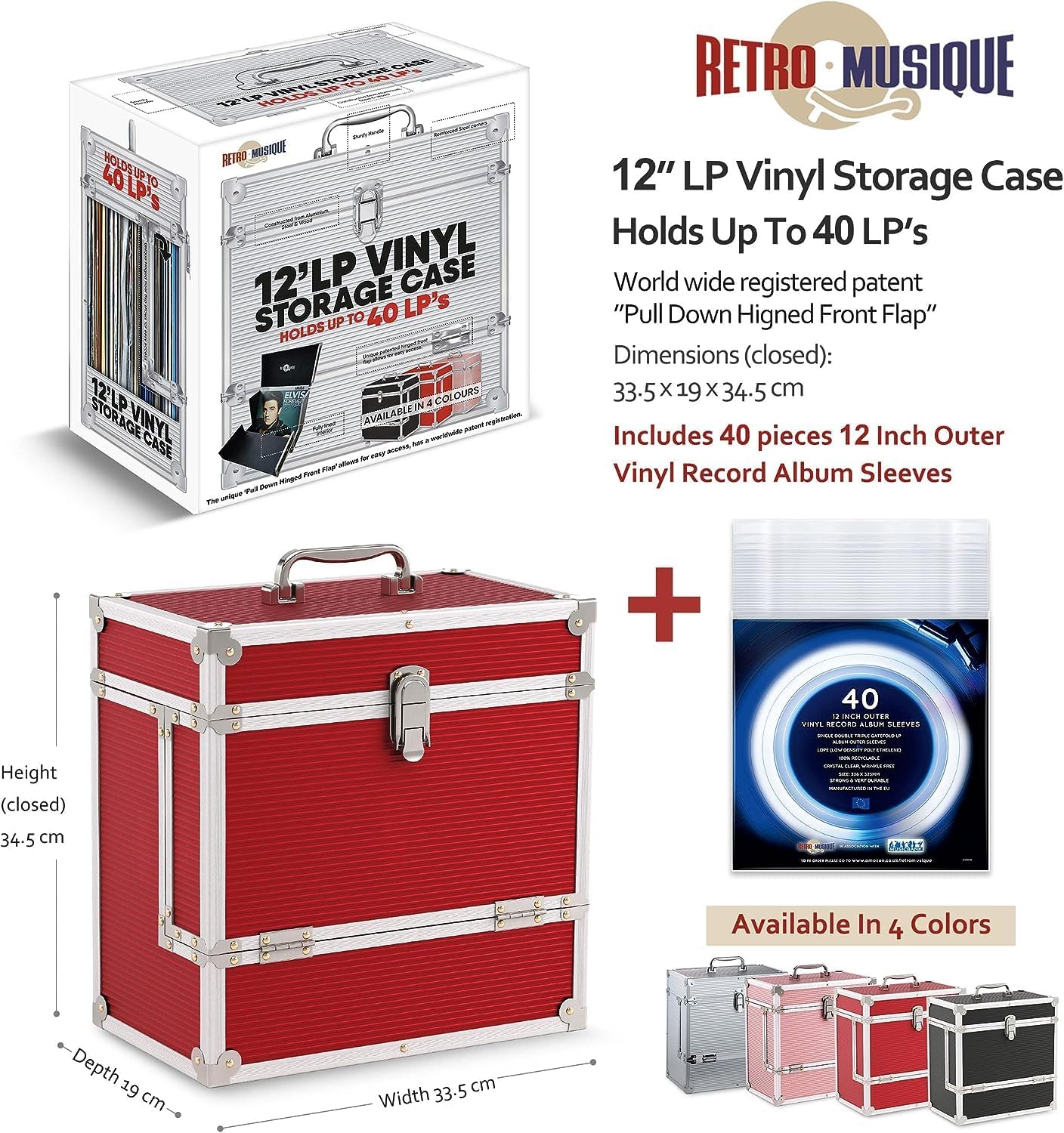 Kxrm 03 R - 12 Inch Aluminium Vinyl Storage Case For 40 Lps - Red - Retro Musique