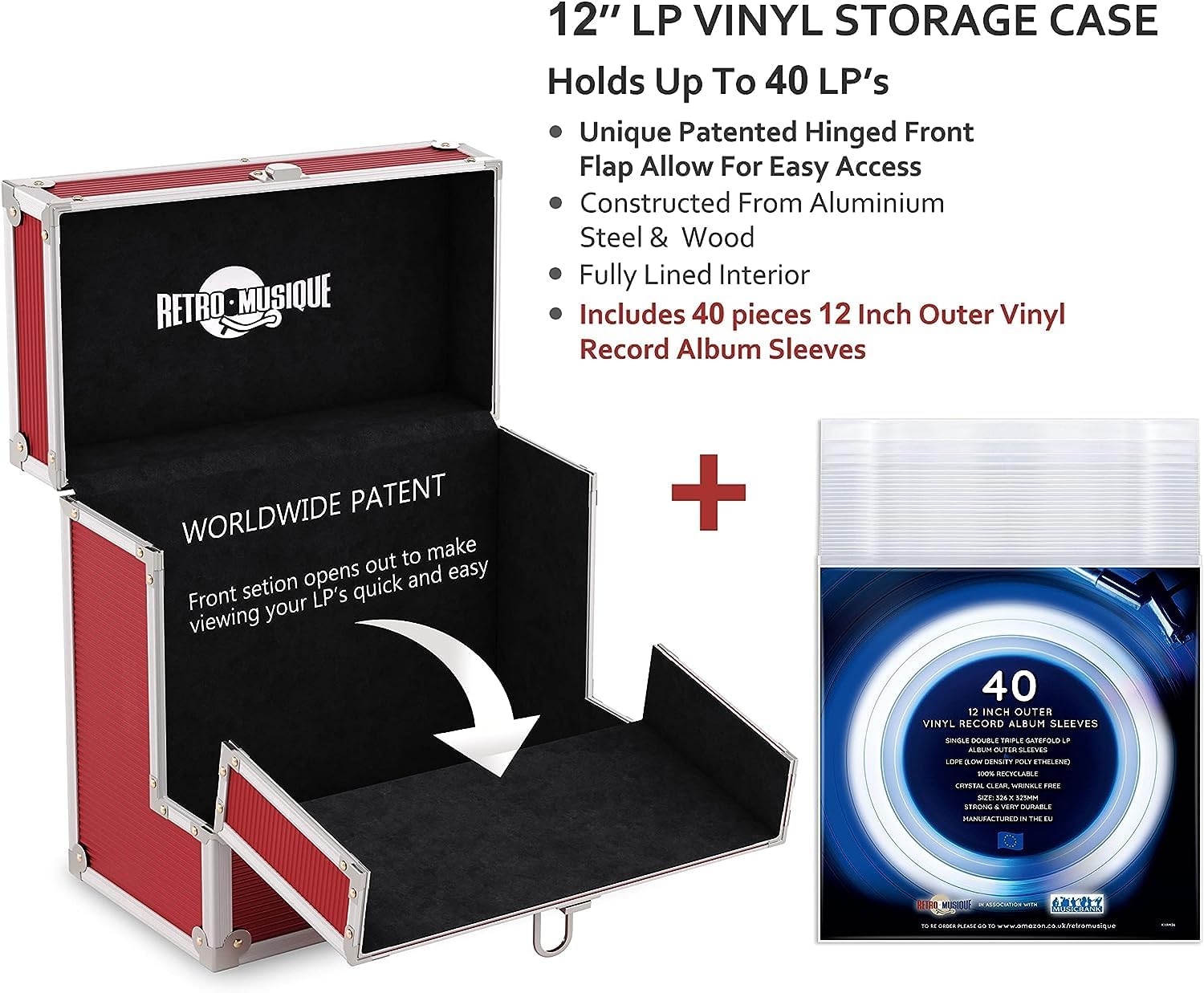 Kxrm 03 R - 12 Inch Aluminium Vinyl Storage Case For 40 Lps - Red - Retro Musique