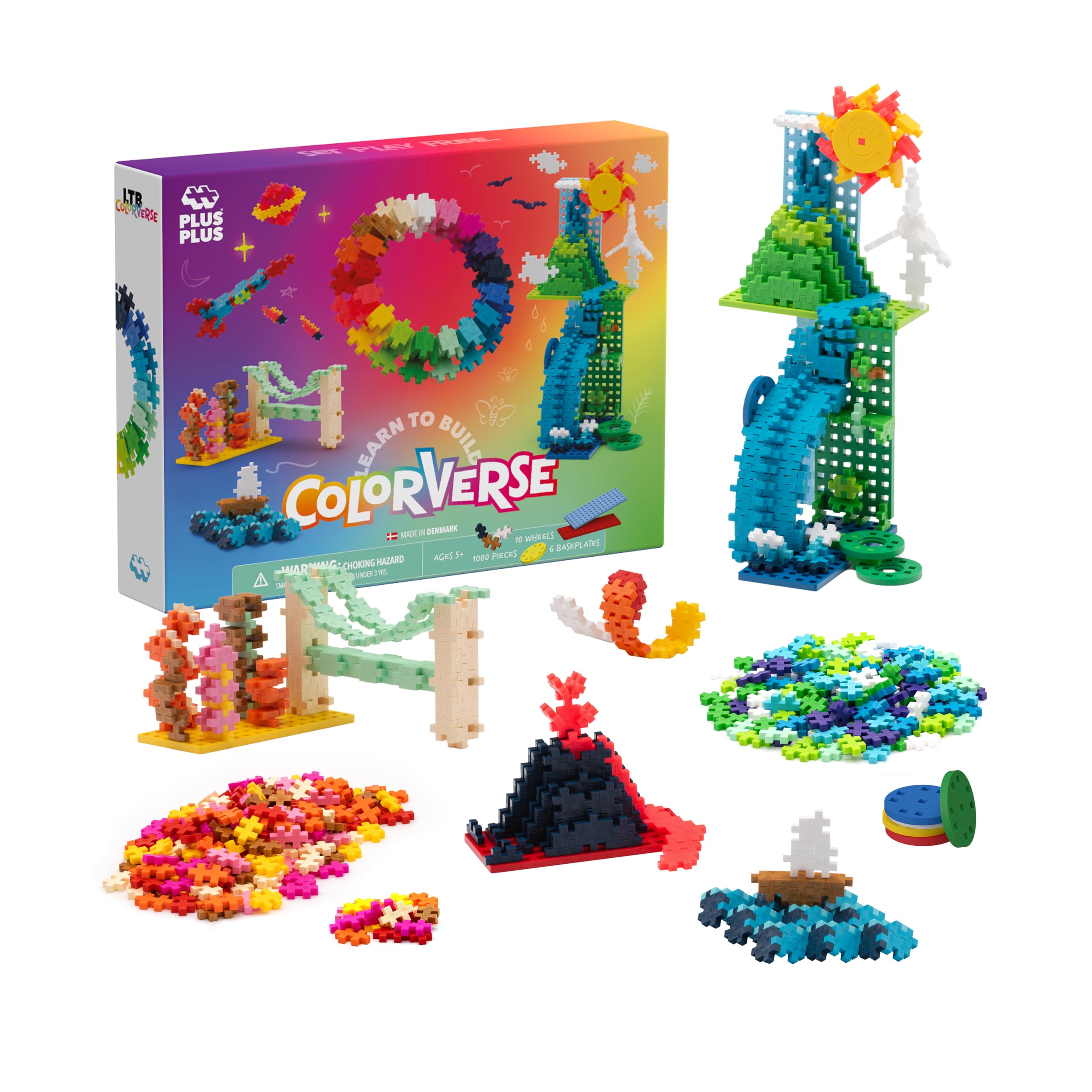 Plus Plus Building Blocks Toy - Learn to Build Colorverse, Includes 1000 Colourful Pieces, 6 Baseplates and 10 Wheels, Kids Construction Toys, STEM Learning Resources - Girls and Boys Toys Age 5 Plus