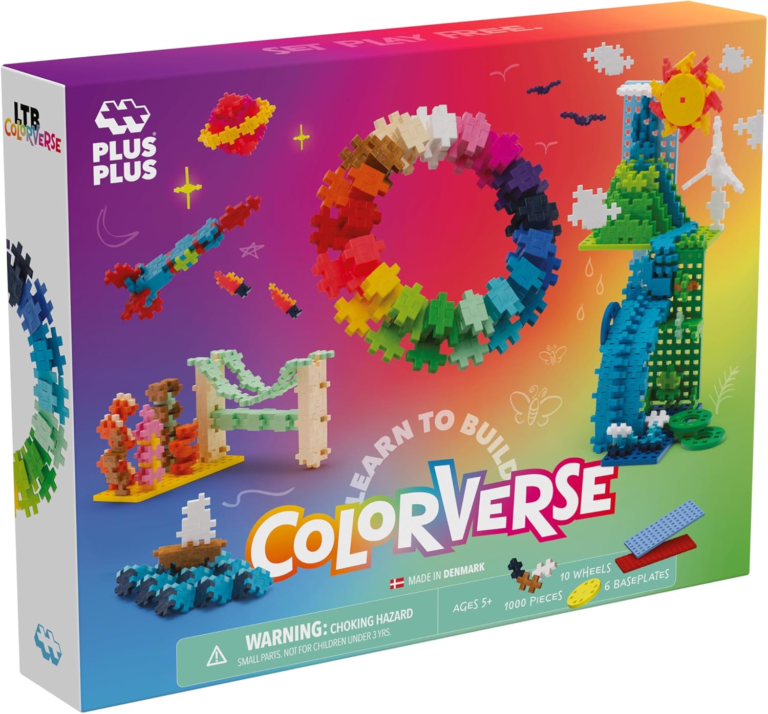 Plus Plus Building Blocks Toy - Learn to Build Colorverse, Includes 1000 Colourful Pieces, 6 Baseplates and 10 Wheels, Kids Construction Toys, STEM Learning Resources - Girls and Boys Toys Age 5 Plus