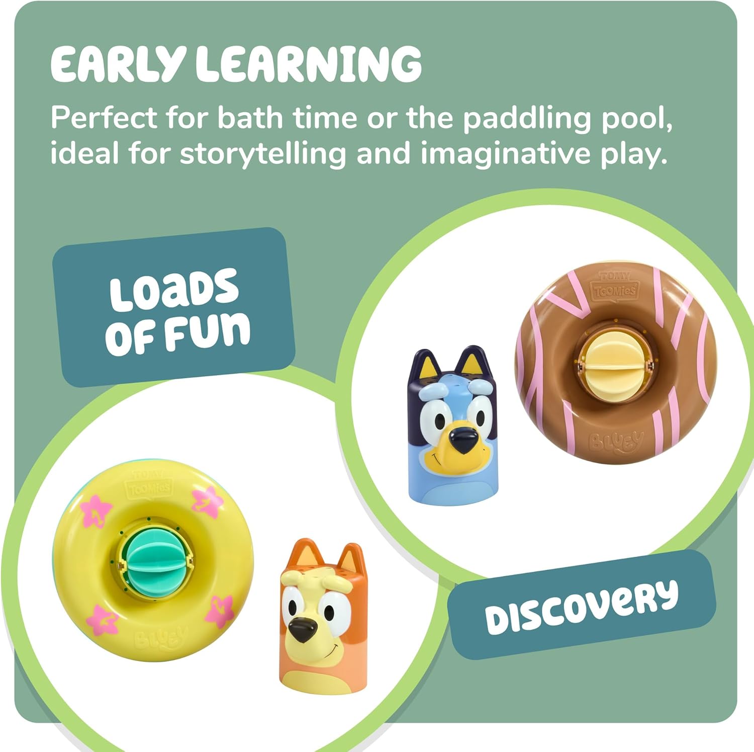 Toomies Bluey Bath Float 2 Pack | Pouring Cup Bluey and Bingo ToddlerBath Toys in Floating Pool Rings with Water Wheels | Officially Licensed BlueyToys | Toddler Toys for 18 Month Old Plus