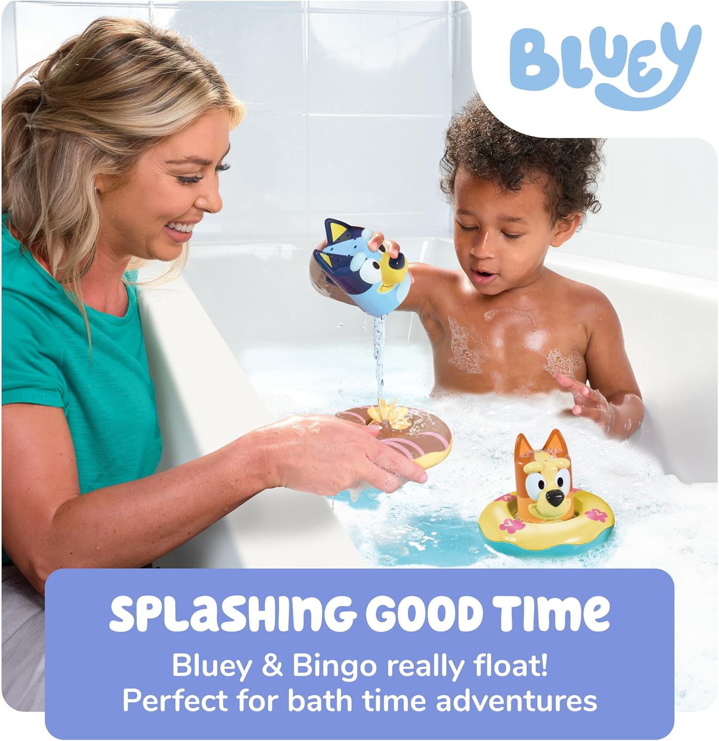Toomies Bluey Bath Float 2 Pack | Pouring Cup Bluey and Bingo ToddlerBath Toys in Floating Pool Rings with Water Wheels | Officially Licensed BlueyToys | Toddler Toys for 18 Month Old Plus