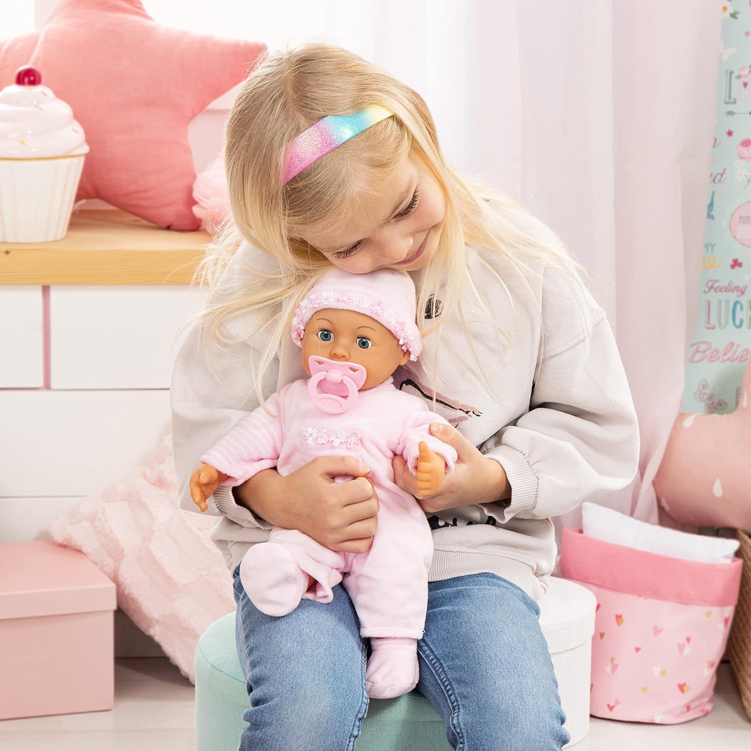 Bayer Design 93824CK Baby Doll Interactive, function, talking, with sounds, soft body, 38cm