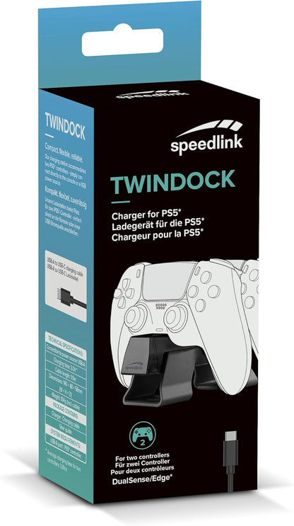 Speedlink TWINDOCK USB-oplader - PS5 oplaadstation voor controllers, maximaal twee originele PS5 controllers Oplader tegelijk, snellaadfunctie, compatibel met DualSense en DualSense Edge, zwart