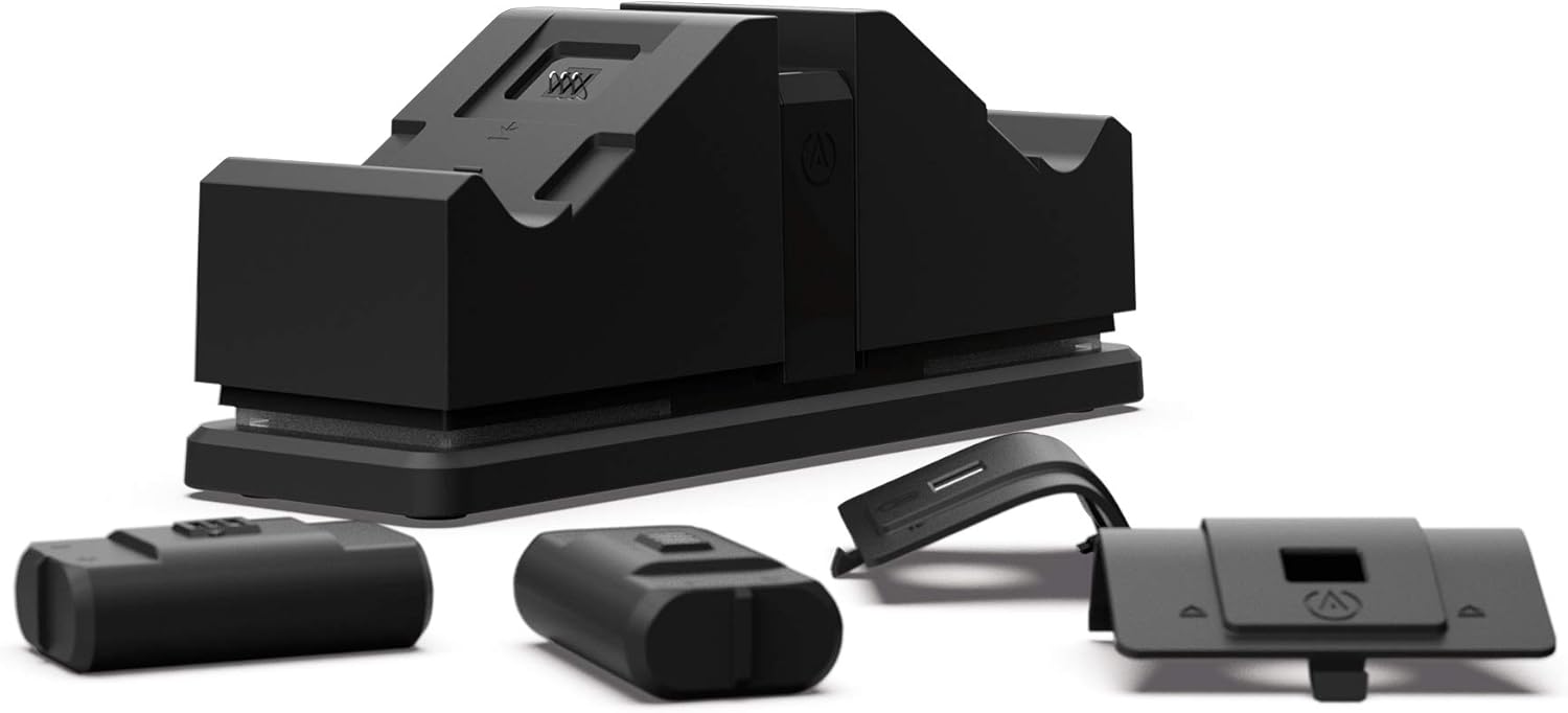 PowerA Dual Charging Station for Xbox X|S and Xbox One Wireless Controllers, 1 x Dual Controller Dock for Snap-Down Charging with LED colour Changing Indicator, 2 x Rechargeable Battery Packs - Black