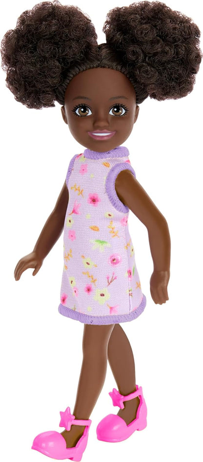 Barbie Chelsea Doll, Small Doll Wearing Removable Purple Floral Dress & Pink Shoes with Space Buns & Brown Eyes