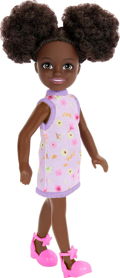 Barbie Chelsea Doll, Small Doll Wearing Removable Purple Floral Dress & Pink Shoes with Space Buns & Brown Eyes