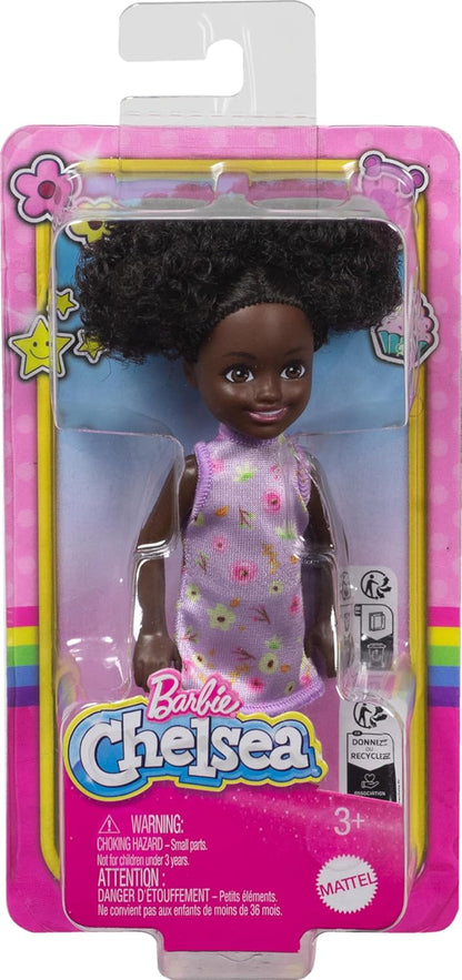 Barbie Chelsea Doll, Small Doll Wearing Removable Purple Floral Dress & Pink Shoes with Space Buns & Brown Eyes