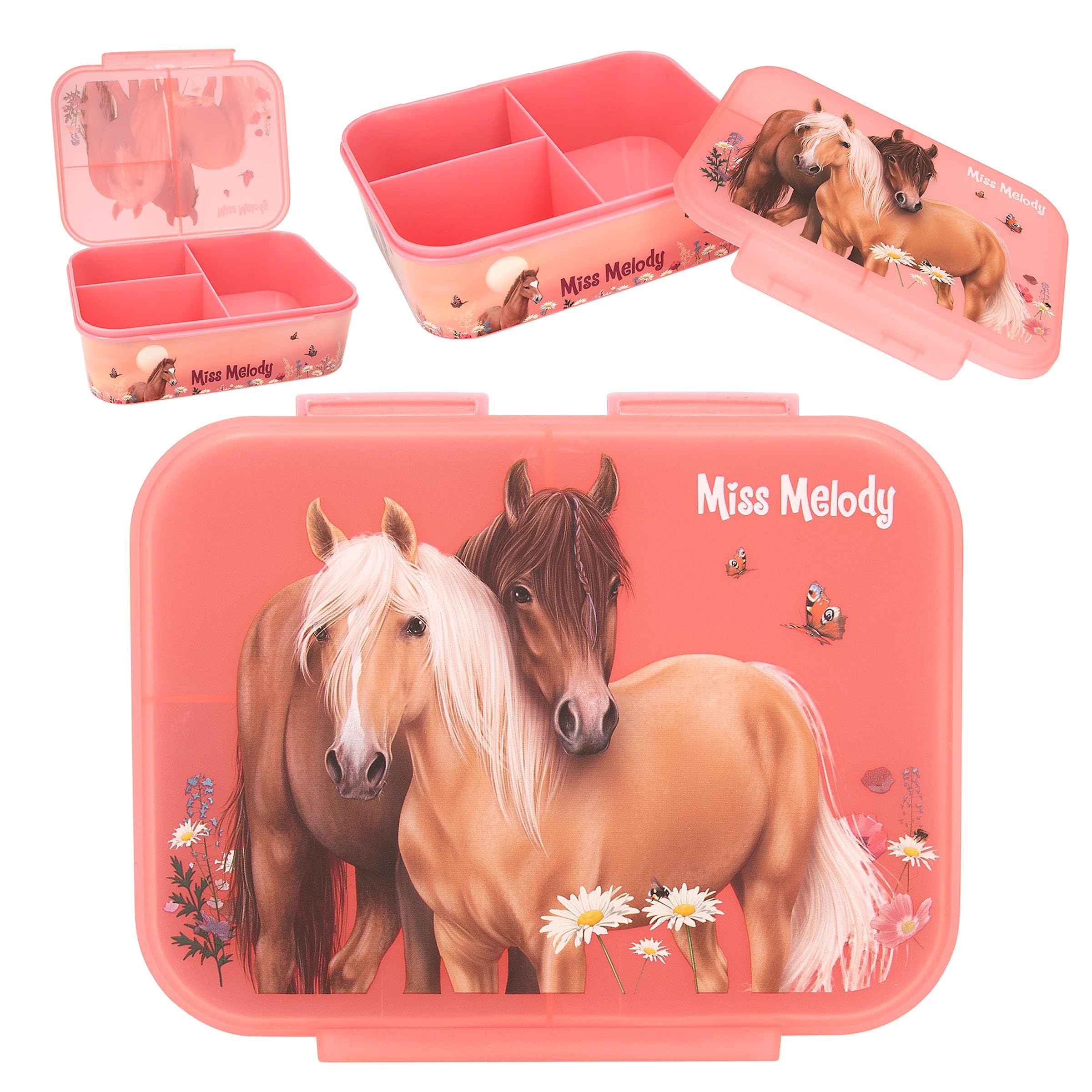 Depesche Miss Melody Flowers 12895 Lunch Box in Dusky Pink with Horse Motif and Flowers, Lunch Box with 3 Compartments and Transparent Lid