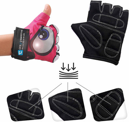 Crazy Safety zwarte fietshandschoenen voor kinderen | Reflecterende ogen en gewatteerde handpalm | Maat S | Ideaal voor fietsen, scooters en buitenactiviteiten