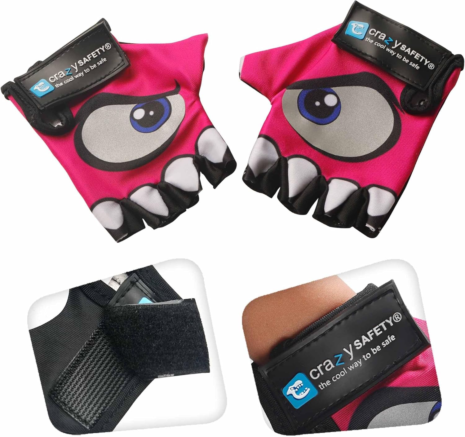 Crazy Safety zwarte fietshandschoenen voor kinderen | Reflecterende ogen en gewatteerde handpalm | Maat S | Ideaal voor fietsen, scooters en buitenactiviteiten
