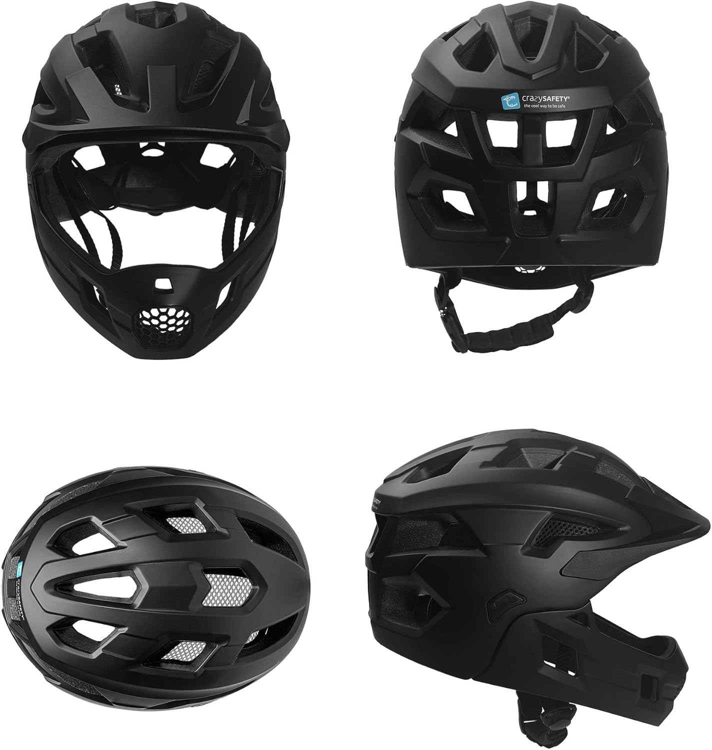 Crazy Safety Zwarte Full Face Helm | Voor mountainbike, BMX, skateboard | Kinderhelm 2-in-1 met afneembare kinbeschermer | Motocross fietshelm maat M 54-57 cm | Lichtgewicht en geventileerd