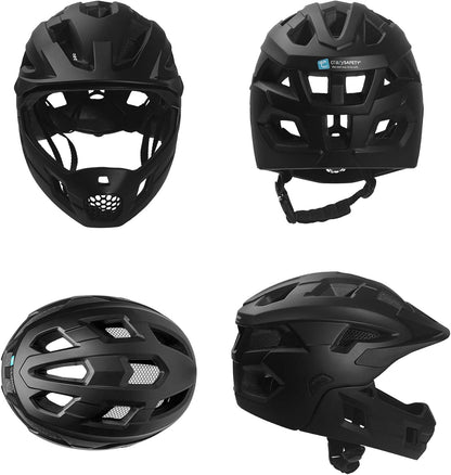 Crazy Safety Zwarte Full Face Helm | Voor mountainbike, BMX, skateboard | Kinderhelm 2-in-1 met afneembare kinbeschermer | Motocross fietshelm maat M 54-57 cm | Lichtgewicht en geventileerd