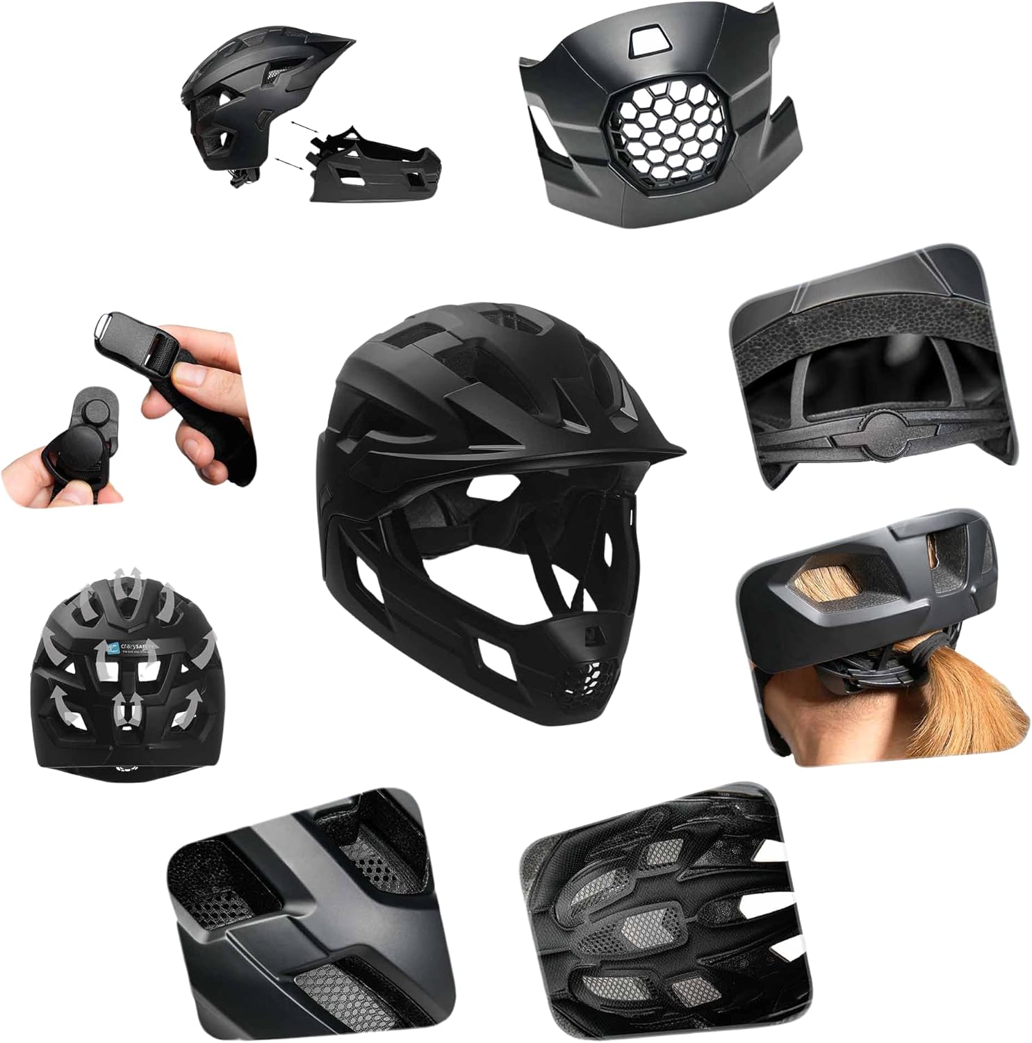 Crazy Safety Zwarte Full Face Helm | Voor mountainbike, BMX, skateboard | Kinderhelm 2-in-1 met afneembare kinbeschermer | Motocross fietshelm maat M 54-57 cm | Lichtgewicht en geventileerd