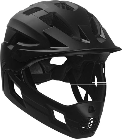Crazy Safety Zwarte Full Face Helm | Voor mountainbike, BMX, skateboard | Kinderhelm 2-in-1 met afneembare kinbeschermer | Motocross fietshelm maat M 54-57 cm | Lichtgewicht en geventileerd