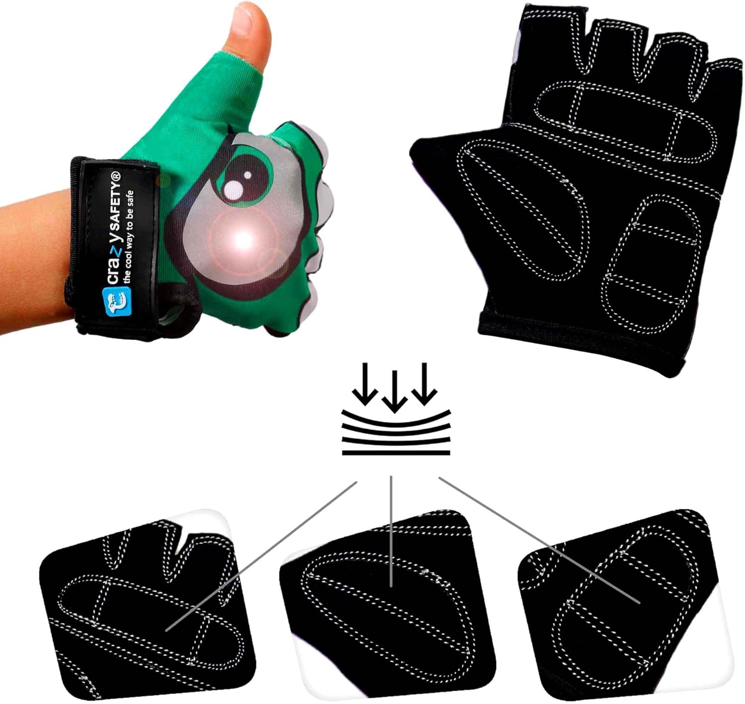 Crazy Safety zwarte fietshandschoenen voor kinderen | Reflecterende ogen en gewatteerde handpalm | Maat S | Ideaal voor fietsen, scooters en buitenactiviteiten