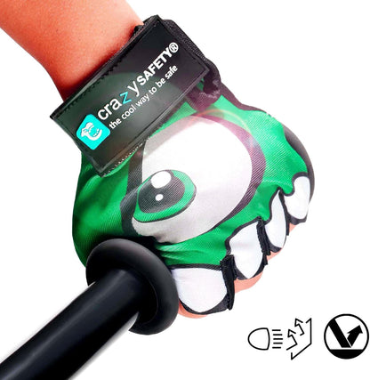 Crazy Safety zwarte fietshandschoenen voor kinderen | Reflecterende ogen en gewatteerde handpalm | Maat S | Ideaal voor fietsen, scooters en buitenactiviteiten