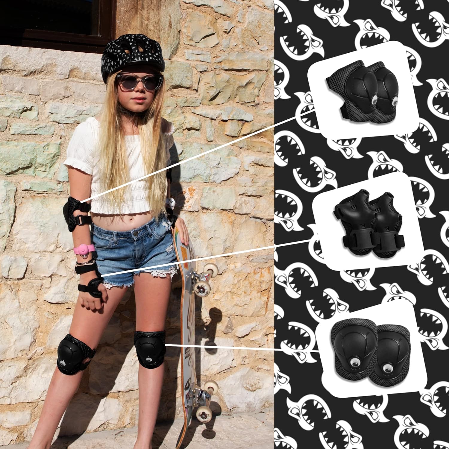 Crazy Safety Black Protectors for Children | Protector set for skateboards, scooters, skating, inline skates | Knee pads | Wrist guards | Elbow pads | Protective equipment | Protector Set Children