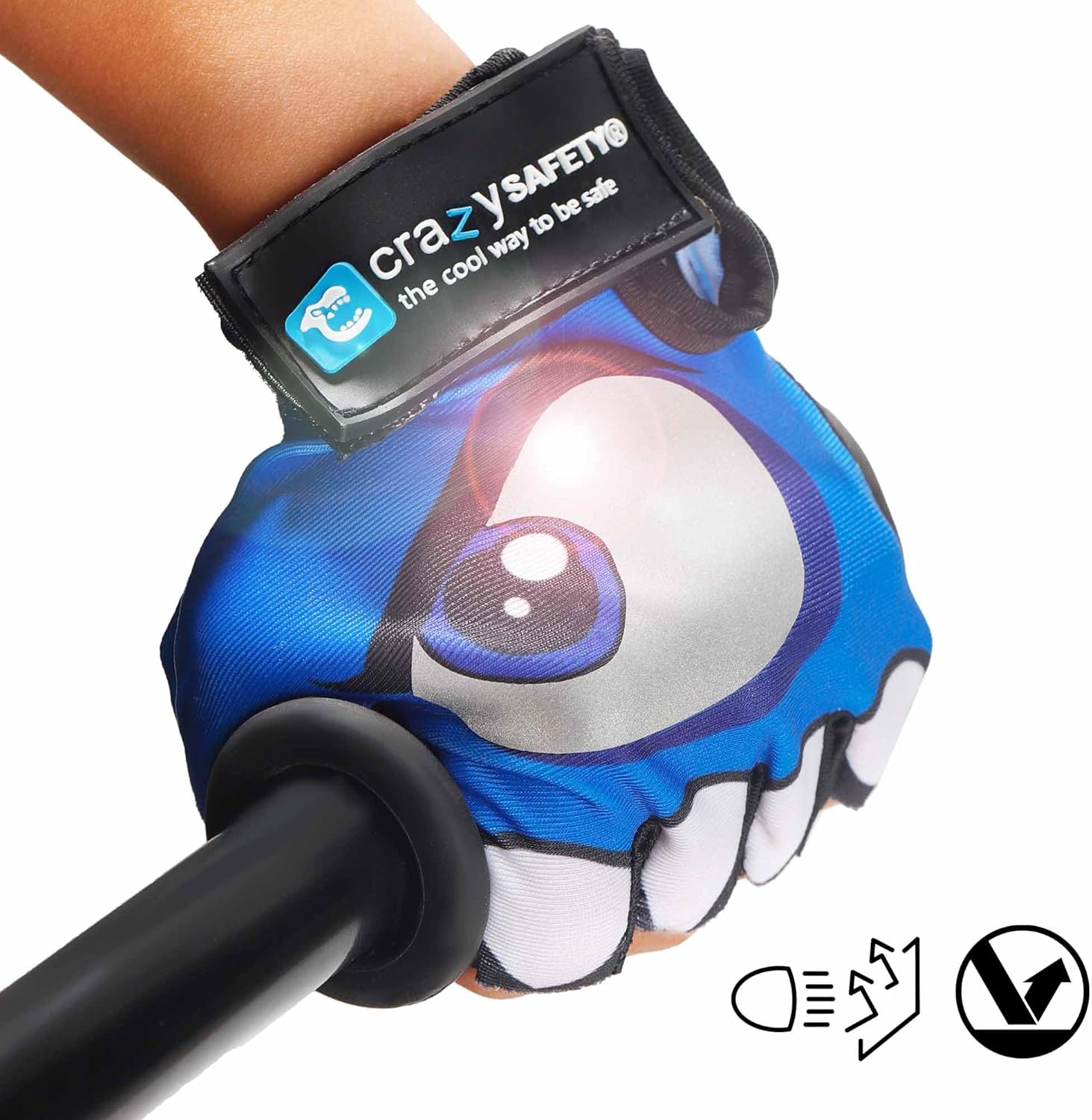 Crazy Safety - Kids Bike Gloves With Reflective Eyes, Padded Palms - Blue - Size S