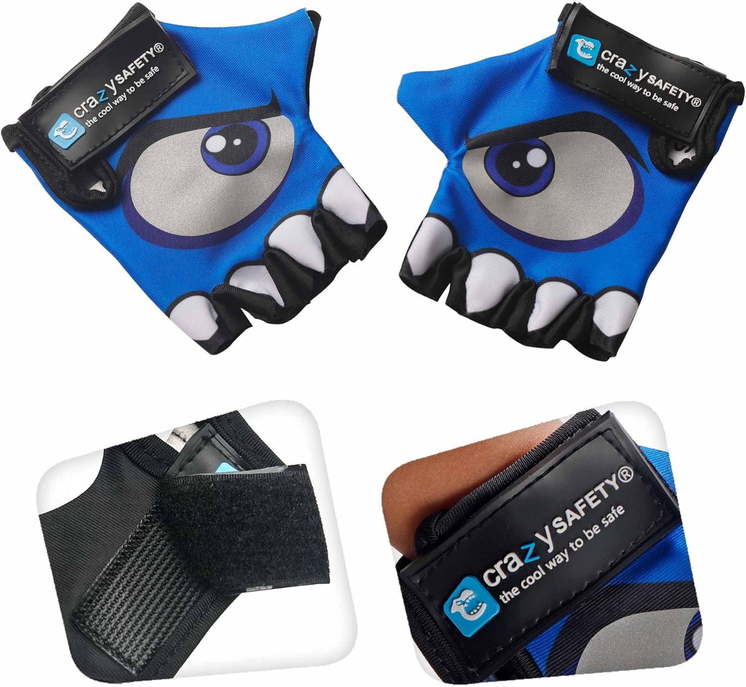 Crazy Safety - Kids Bike Gloves With Reflective Eyes, Padded Palms - Blue - Size S