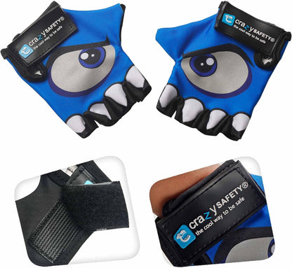 Crazy Safety - Kids Bike Gloves With Reflective Eyes, Padded Palms - Blue - Size S