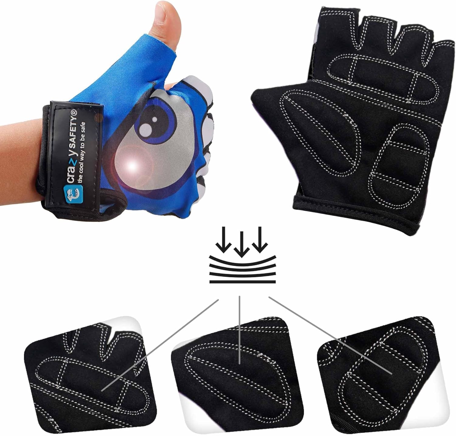 Crazy Safety - Kids Bike Gloves With Reflective Eyes, Padded Palms - Blue - Size S