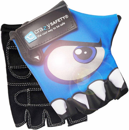Crazy Safety - Kids Bike Gloves With Reflective Eyes, Padded Palms - Blue - Size S