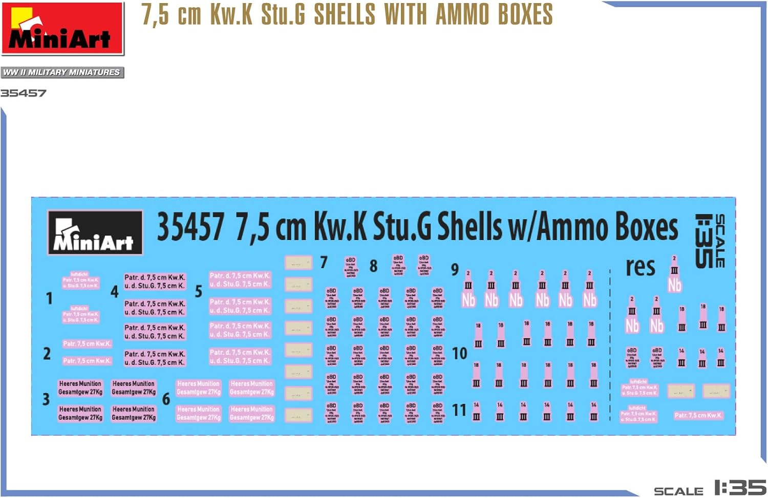 Miniart 1:35-7,5 cm Kw.K Stu.G Shells w/Ammo Boxes, Molded Color