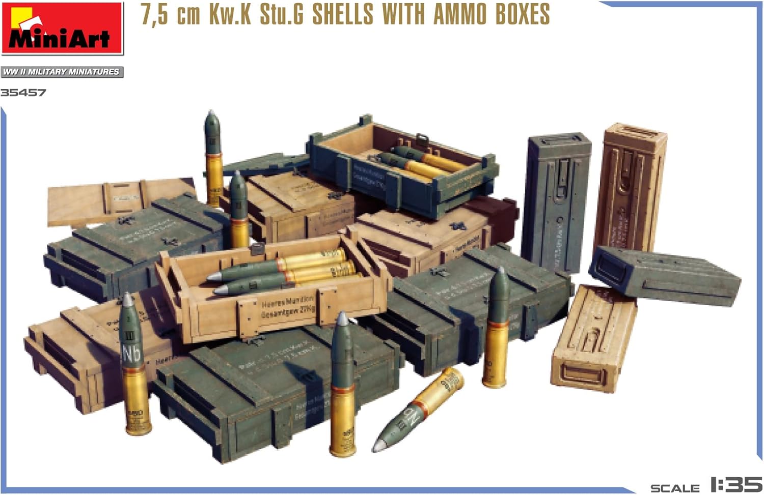 Miniart 1:35-7,5 cm Kw.K Stu.G Shells w/Ammo Boxes, Molded Color