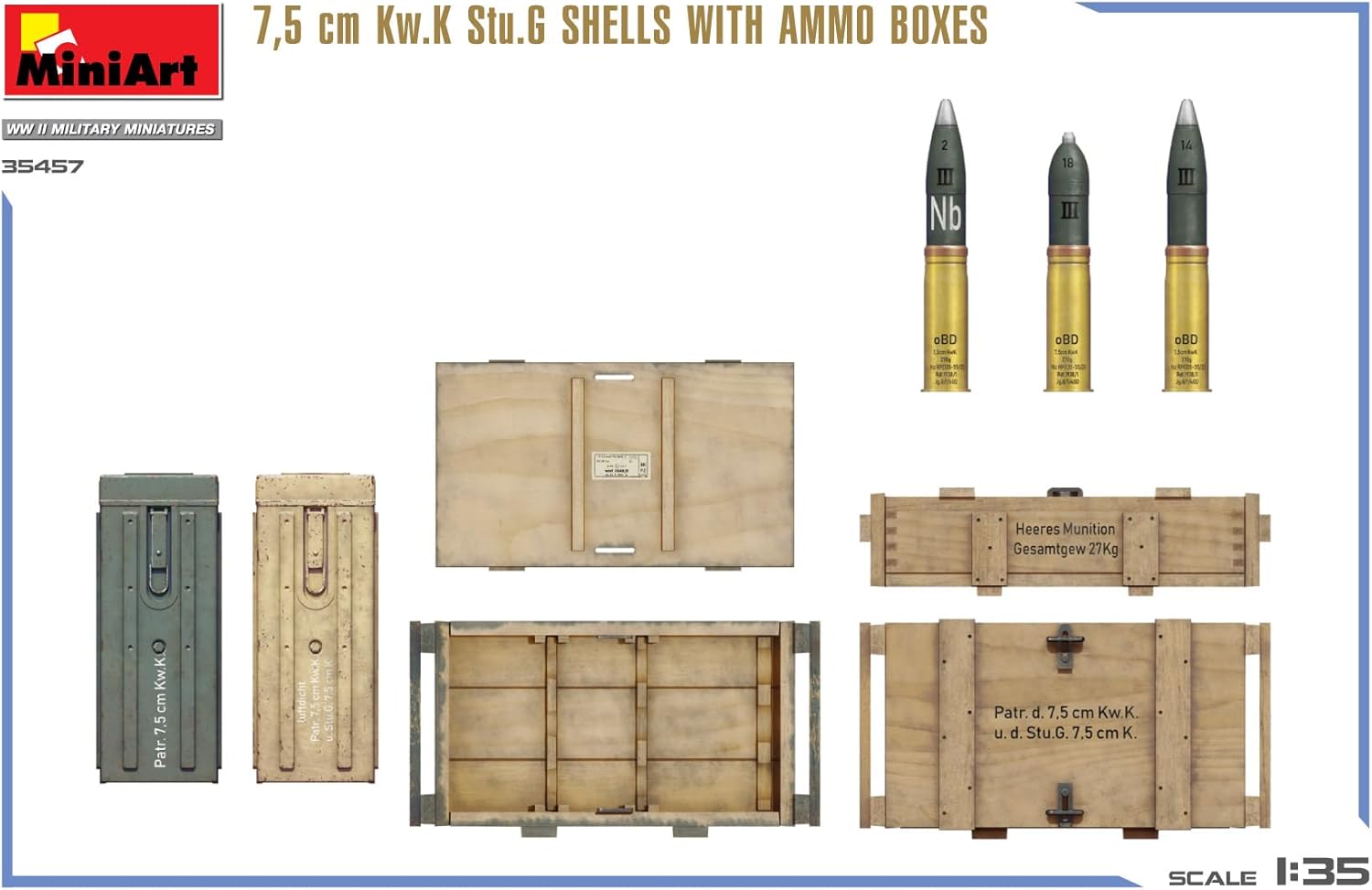 Miniart 1:35-7,5 cm Kw.K Stu.G Shells w/Ammo Boxes, Molded Color