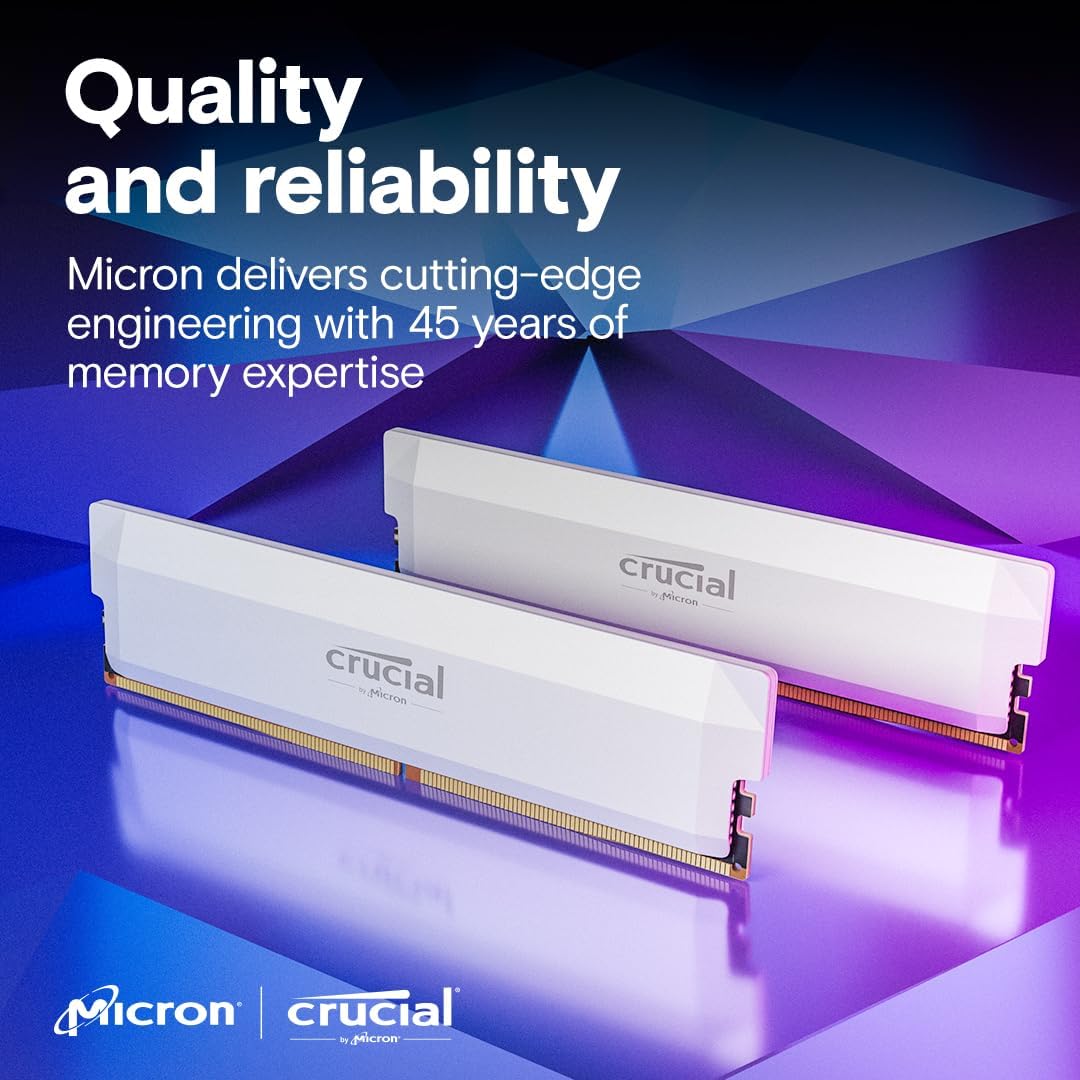 Crucial Pro DDR5 RAM 32GB Kit (2x16GB) 6400MHz CL38, Overclocking Gaming Memory, Intel XMP 3.0 / AMD EXPO, Computer Memory (PC) DDR5 32GB RAM, White - CP2K16G64C38U5W