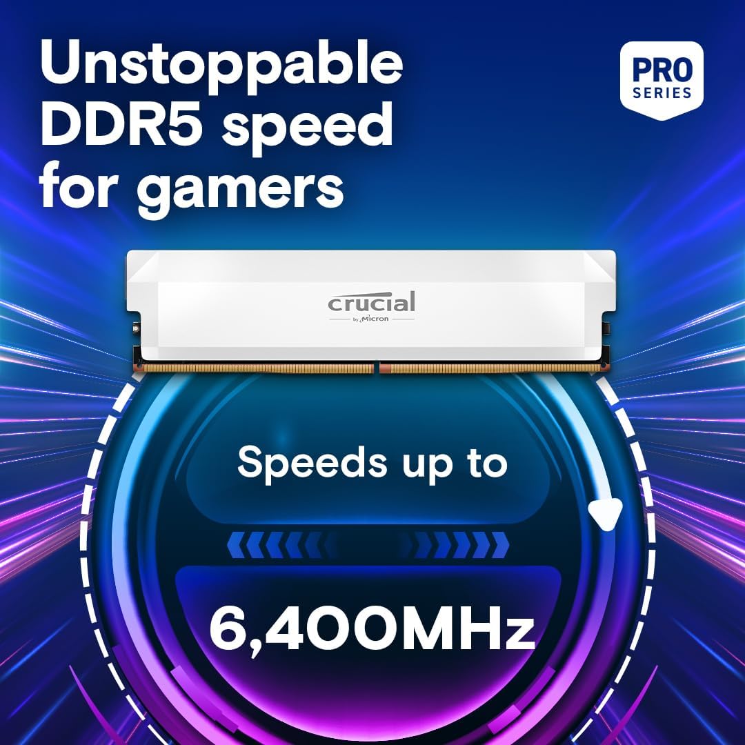 Crucial Pro DDR5 RAM 32GB Kit (2x16GB) 6400MHz CL38, Overclocking Gaming Memory, Intel XMP 3.0 / AMD EXPO, Computer Memory (PC) DDR5 32GB RAM, White - CP2K16G64C38U5W