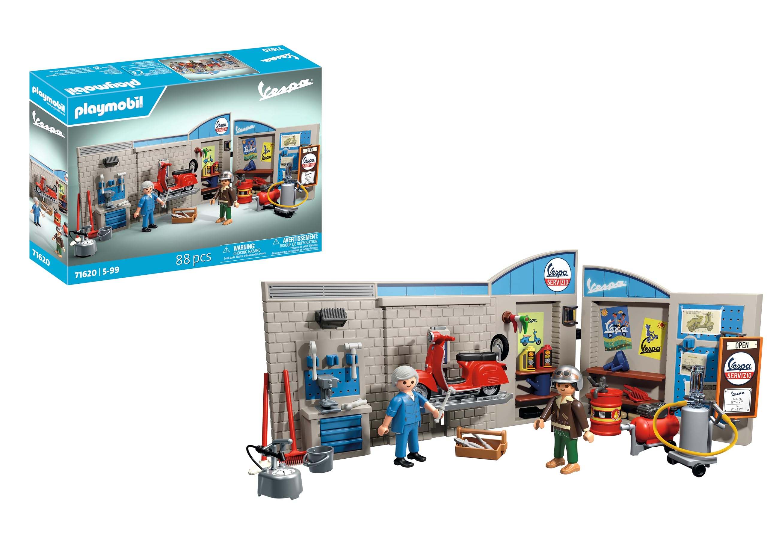 Playmobil 71620 Cars: 60s Vespa Garage, including movable lifting platform, with versatile accessories for an authentic workshop, for vehicle enthusiasts, children and adults