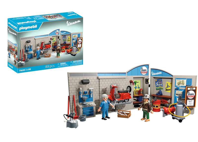 Playmobil 71620 Cars: 60s Vespa Garage, including movable lifting platform, with versatile accessories for an authentic workshop, for vehicle enthusiasts, children and adults