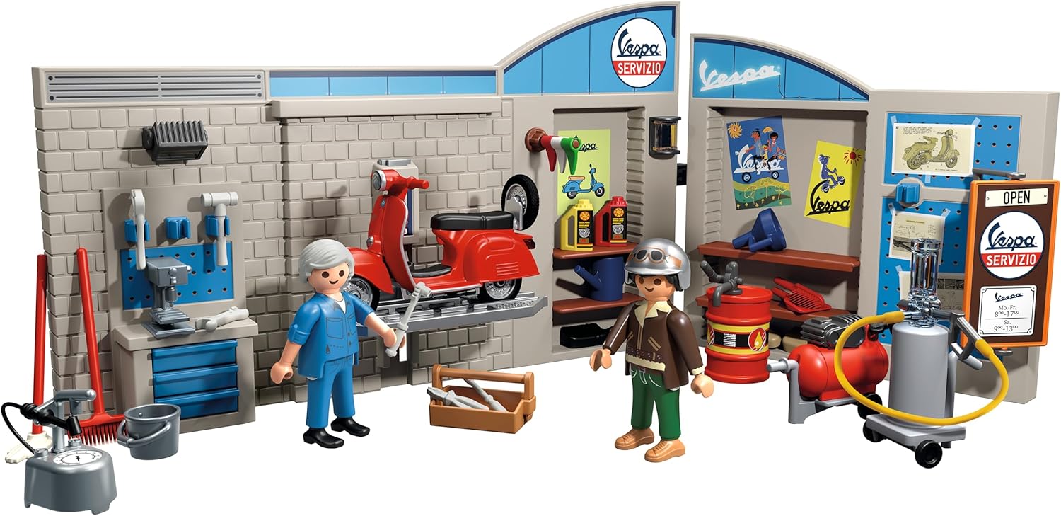 Playmobil 71620 Cars: 60s Vespa Garage, including movable lifting platform, with versatile accessories for an authentic workshop, for vehicle enthusiasts, children and adults
